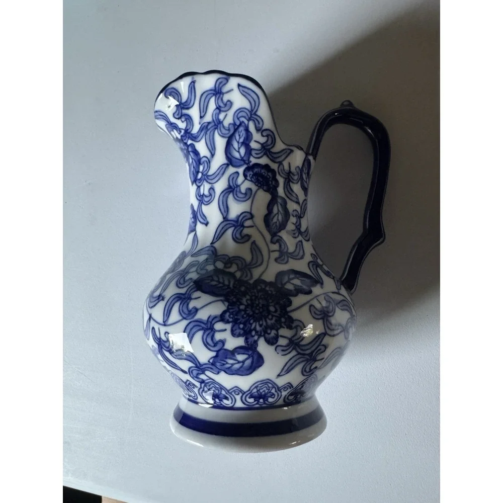 Vintage Blue And White Ceramic Pitcher Floral Chinoiserie Twig Handle 7 in Vase